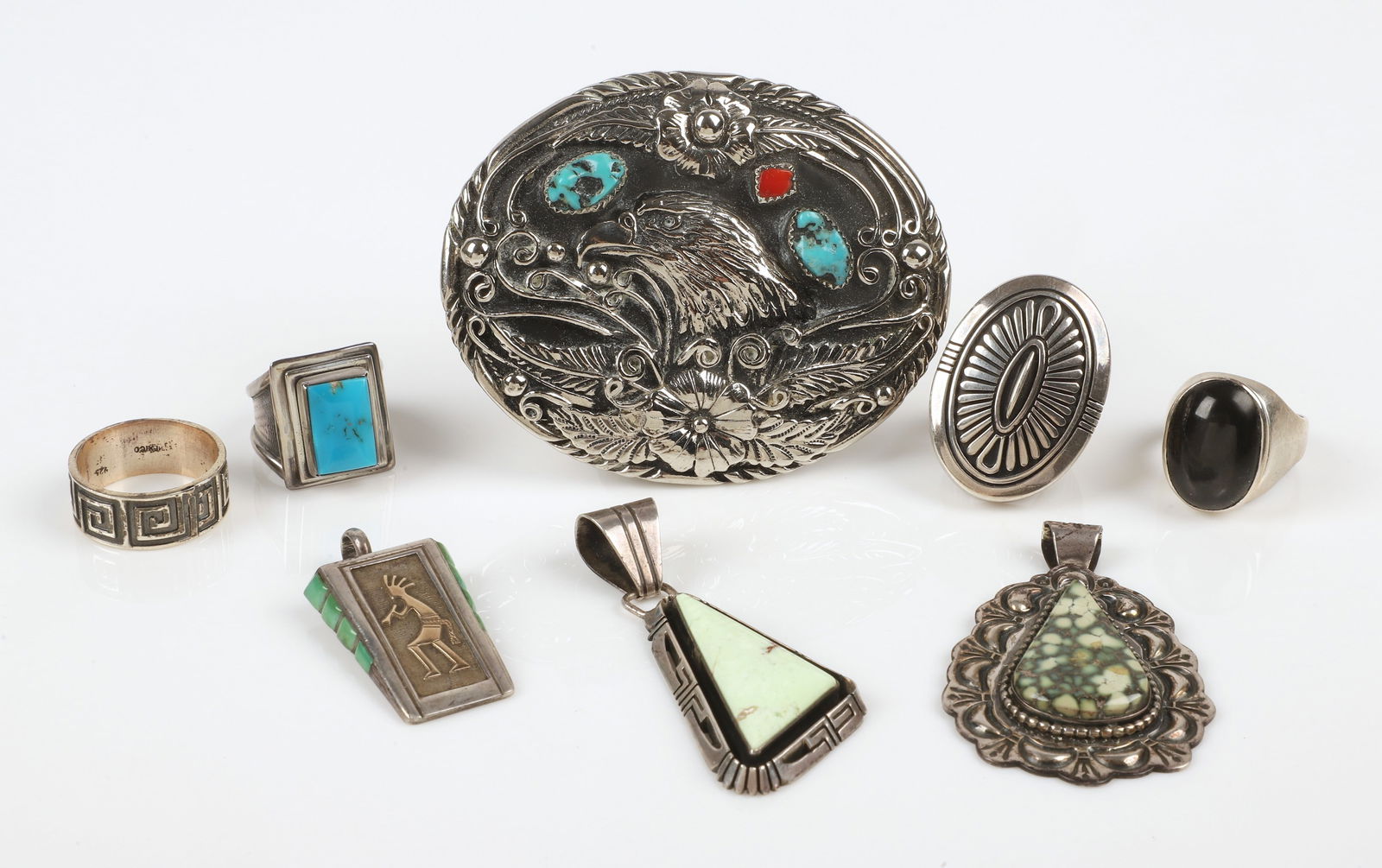 (8) Sterling and silver tone jewelry pieces and buckle (1 of 4)