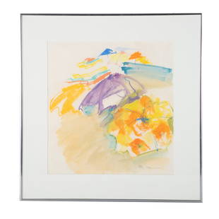 Mary Page Evans Abstract Painting: Mary Page Evans (American, b 1937) DE artist, abstract painting, mixed media on paper, signed "Mary Page", 18" x 16-3/4" sight, framed 25-1/4" x 24", very good condition