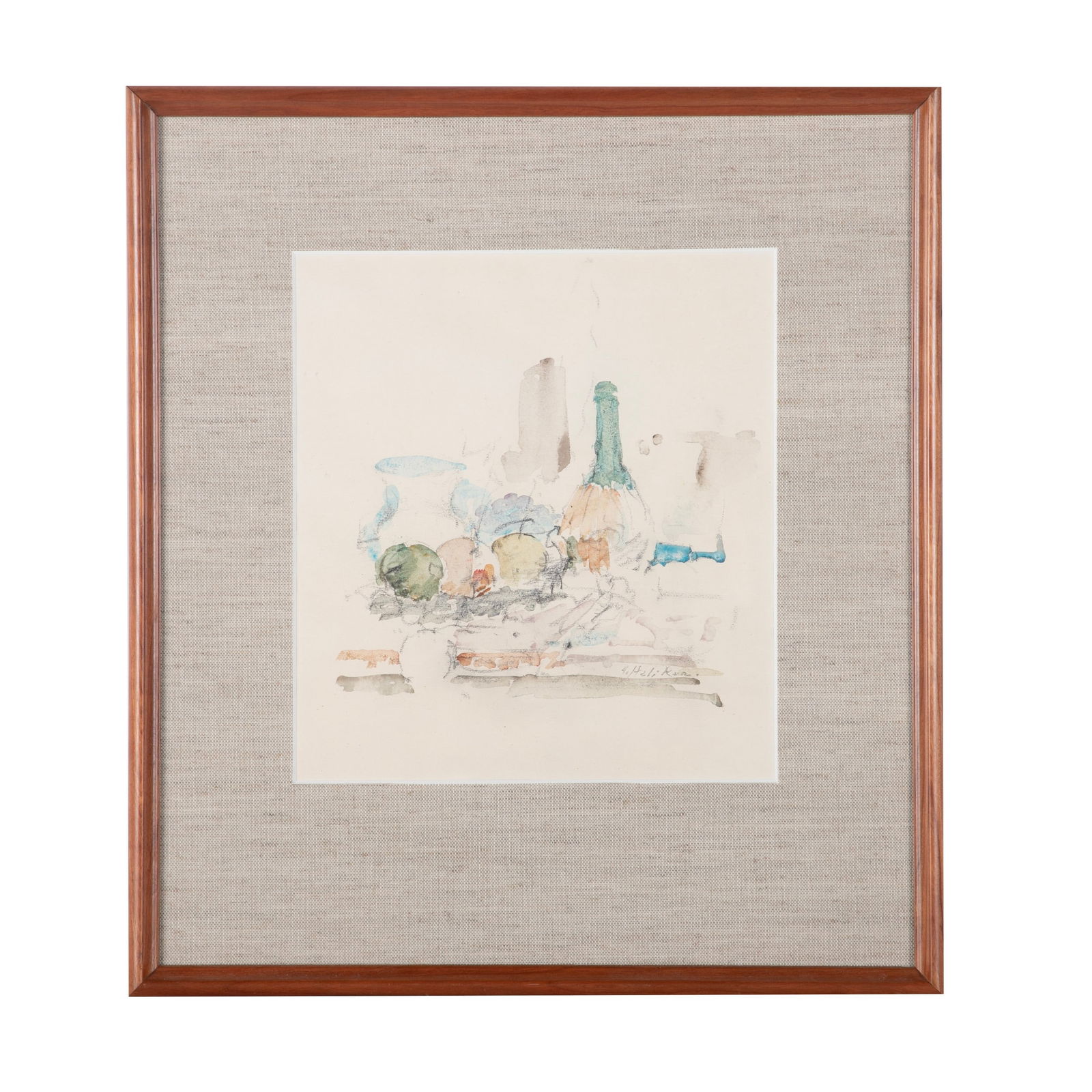 John Heliker "Still Life with Wine Flask": John Heliker (American, 1909-2000) "Still Life Wine Flask", watercolor on paper, signed "J. Heliker, 11" x 10" sight, framed 19" x 17", very good condition
