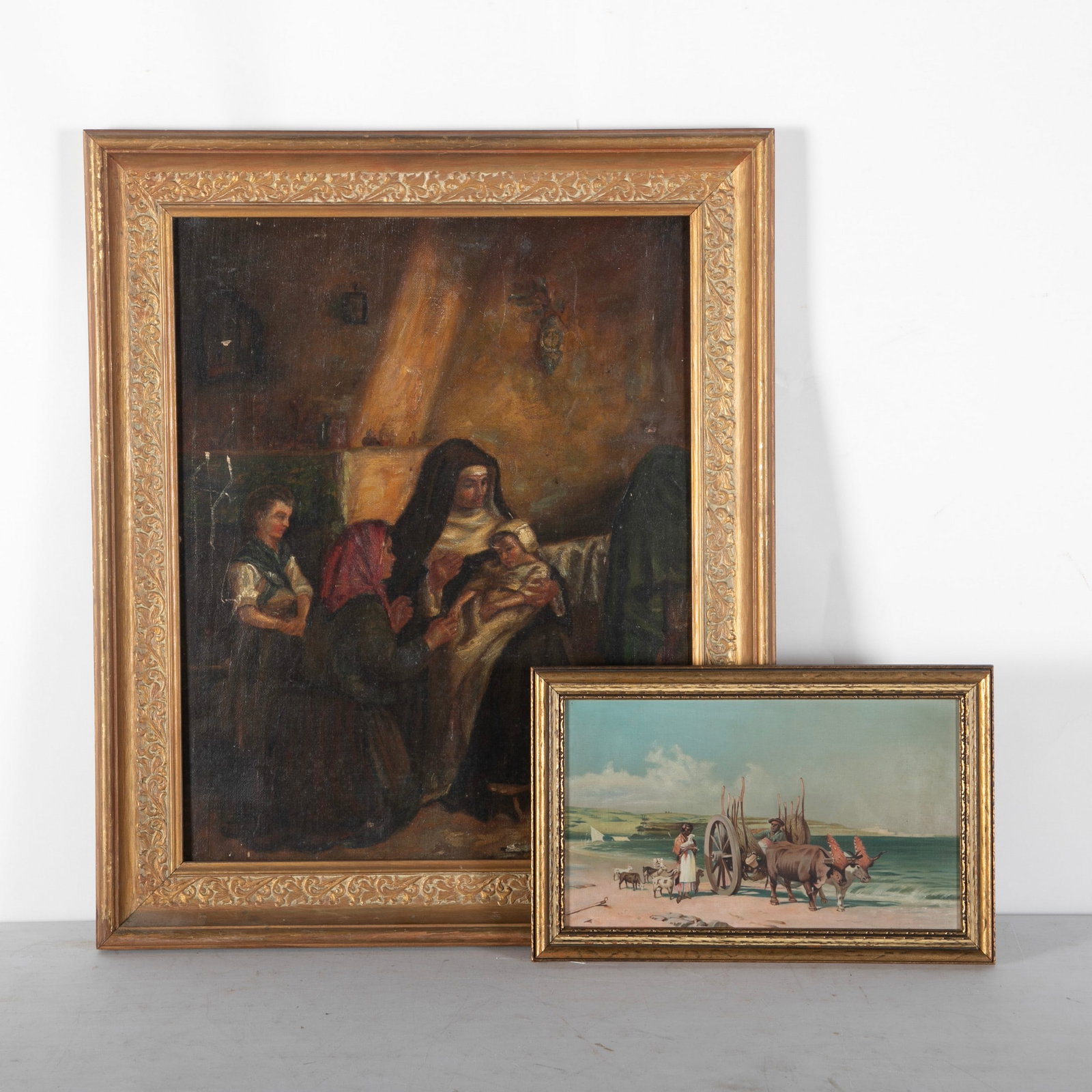 (2) Antique Oil Paintings: (2) Antique oil paintings, "Nun with Children", oil on canvas panel, signed "E. V. Cole", 20" x 16"; oxcart on beach, oil on canvas, unsigned, 7-1/8" x 12-1/4"; largest framed 24-5/8" x 20-5/8", fair 