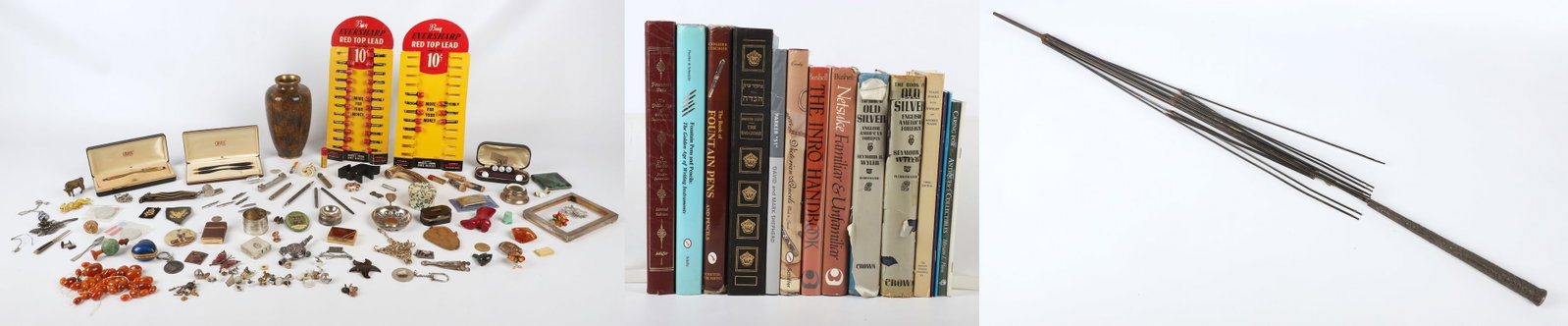 Eclectic ephemera, collectibles, books, etc.: Eclectic ephemera, collectibles, books etc. to include Eversharp top lead cardboard countertop display, a Chinese cloisonne vase, gold filled Cross pen, Womens cross pen pair, bone and sterling cane h