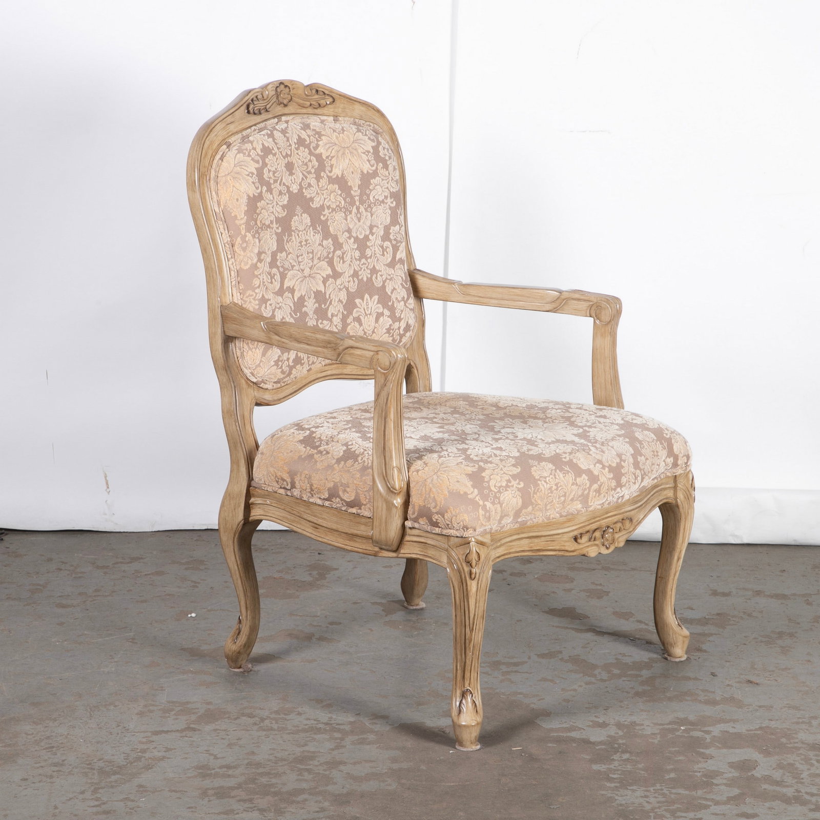 French style open arm bergere chair: French style open arm bergere chair, stains to upholstery, 39"H x 26"W x 25"D