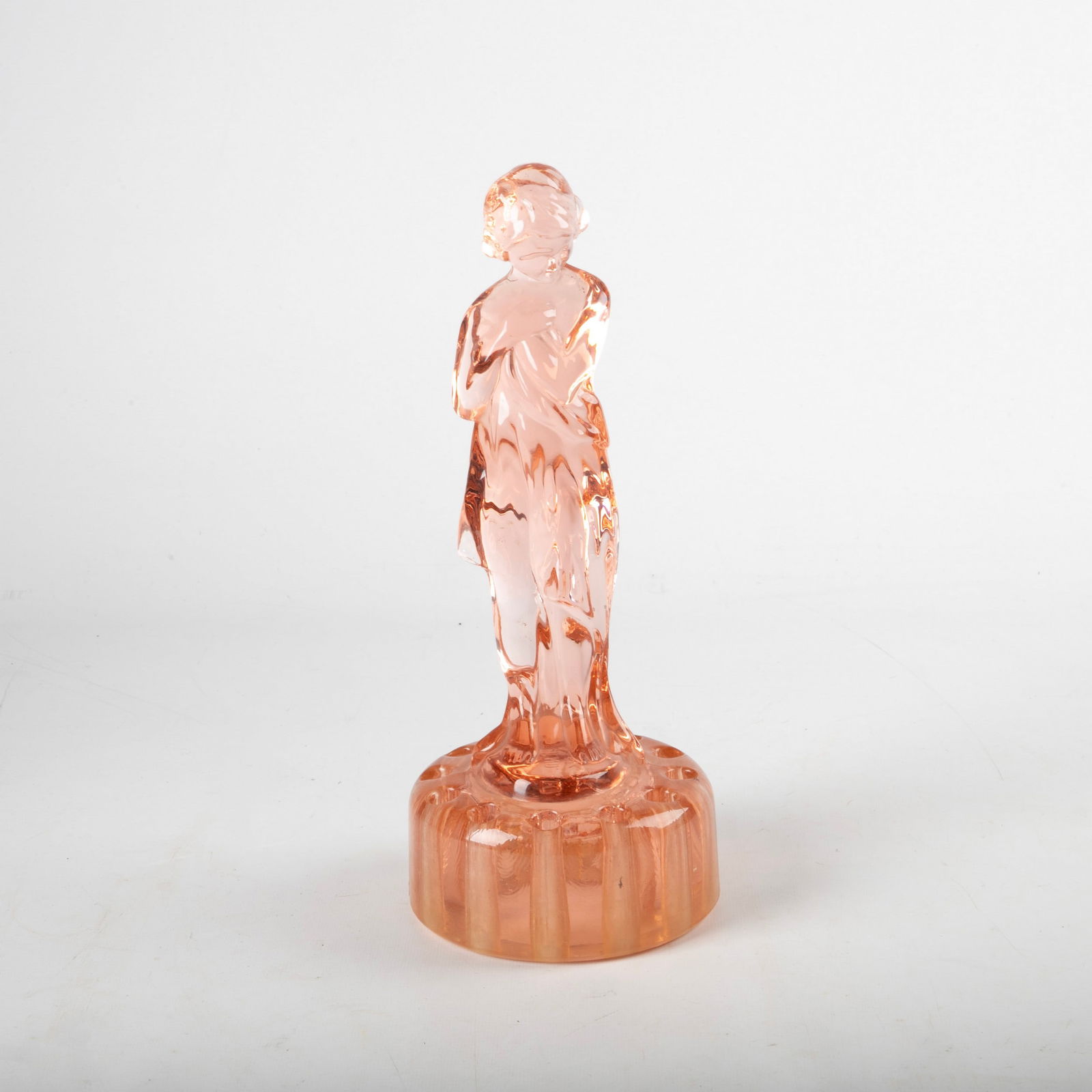 1920's pink Cambridge glass figure flower frog: 1920's pink Cambridge glass figure flower frog centerpiece, 12 3/4"H