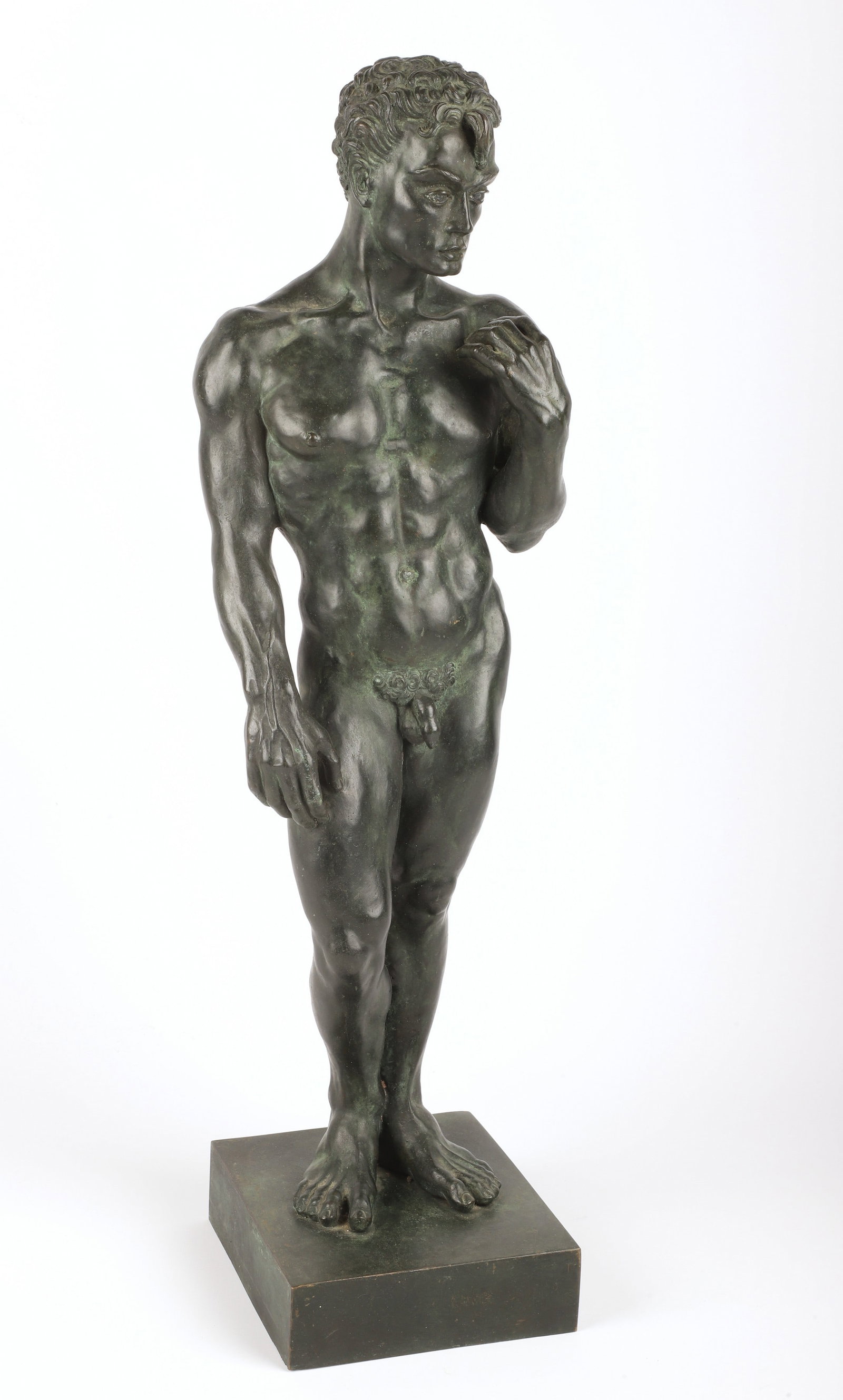 Unsigned bronze sculpture of a nude man: Unsigned bronze sculpture, standing nude male, on plinth base, 26" h