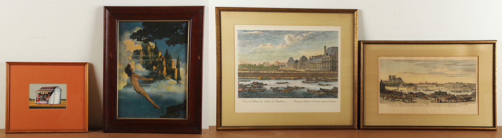 (4) Pcs Prints & Painting: (4) Pcs, prints & painting, "Dinky Bird", original color lithograph by Maxfield Parrish; "Banana Vendor", tempera on paper, 3-3/4" x 5-1/2" sight; and (2) Louvre chalcographie prints with hand colorin