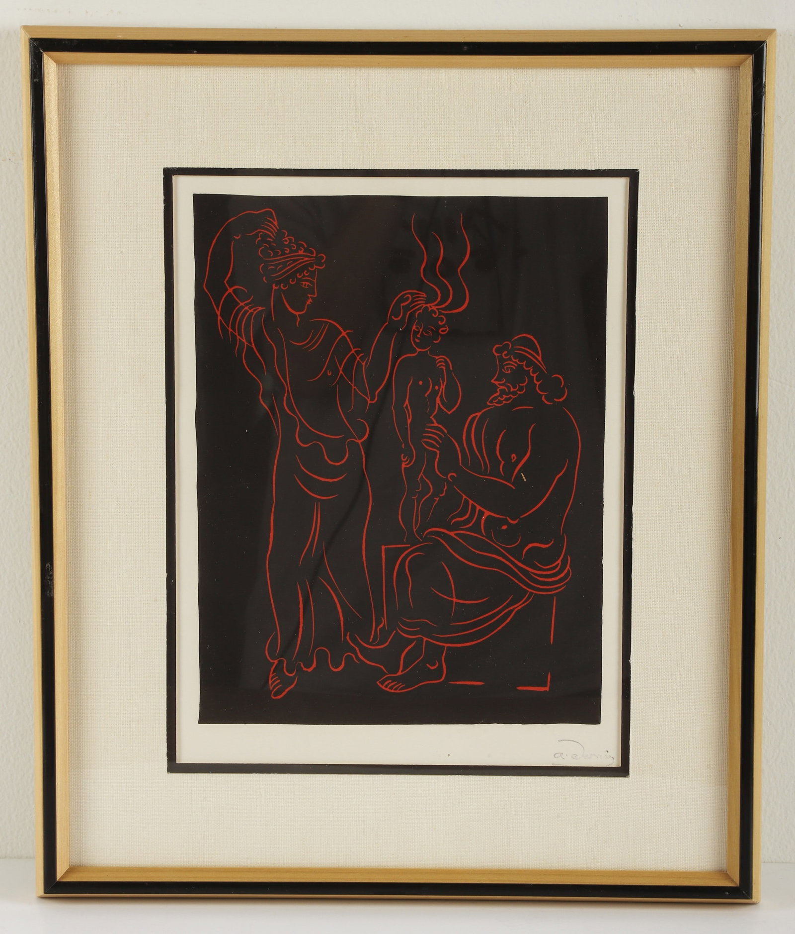 Andre Derain "L'Enfant": Andre Derain (French, 1880-1954) "L'Enfant", wood carving on paper, stamped signature "A. Derain", label on reverse from the Collector's Guild Ltd., 11-1/4" x 8-3/4", framed 18-5/8" x 15-5/8", very go