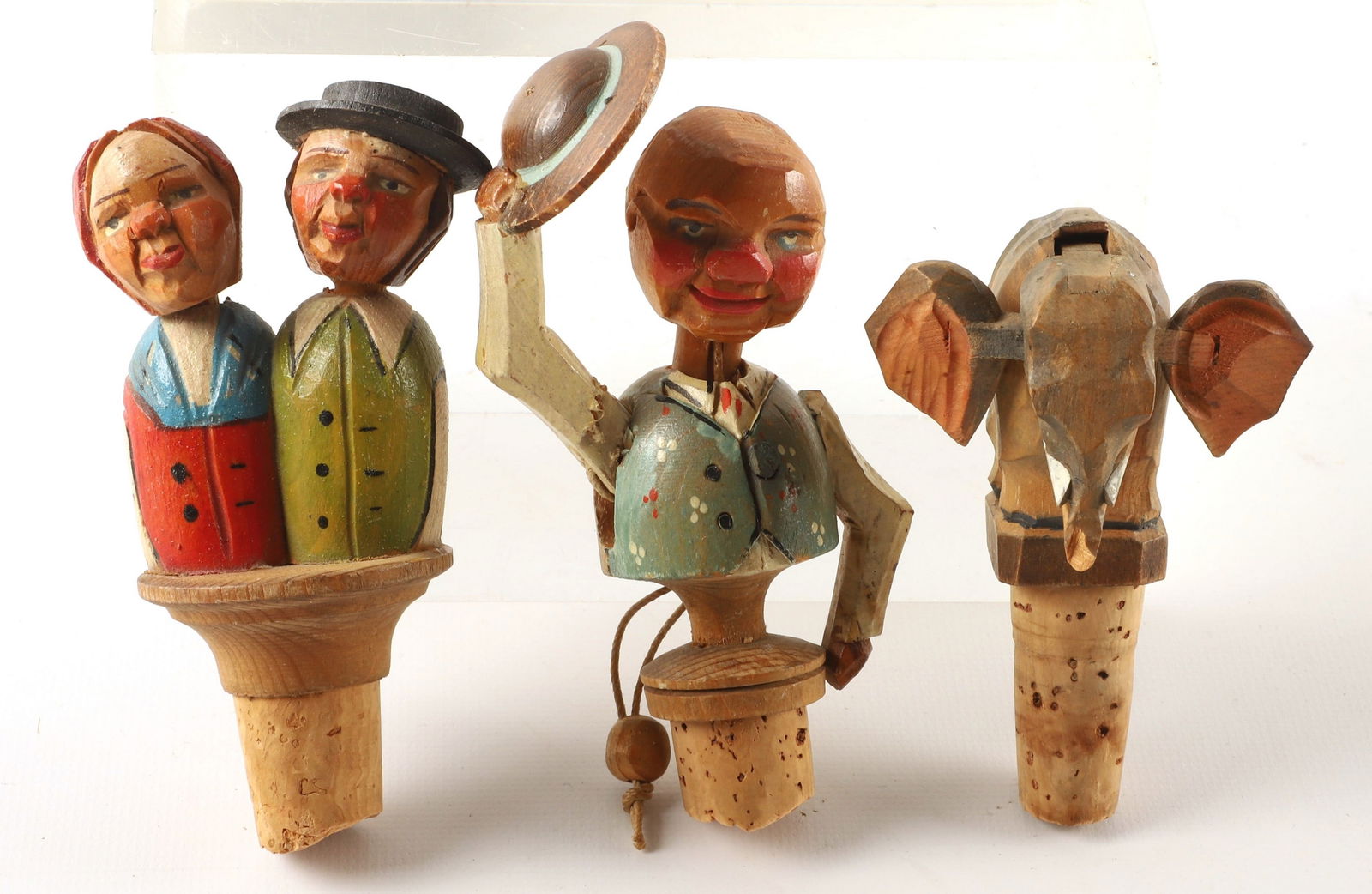 (3) Articulated carved wood bottle stoppers (1 of 1)