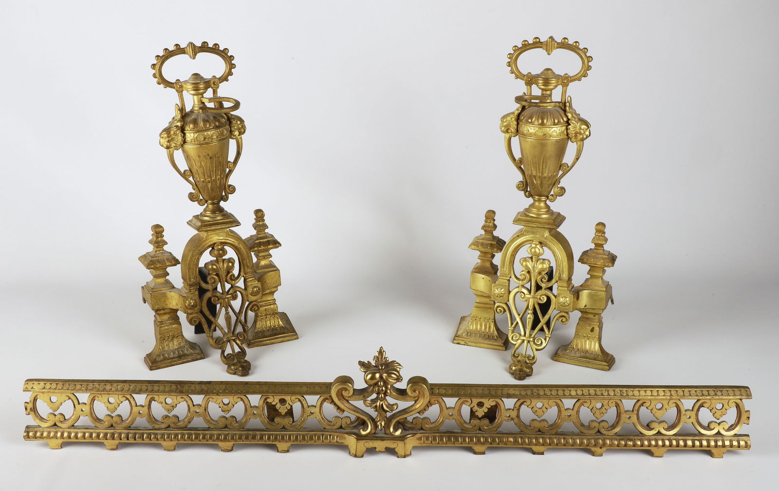 Gilt metal chenet pair and assembled fender (1 of 6)
