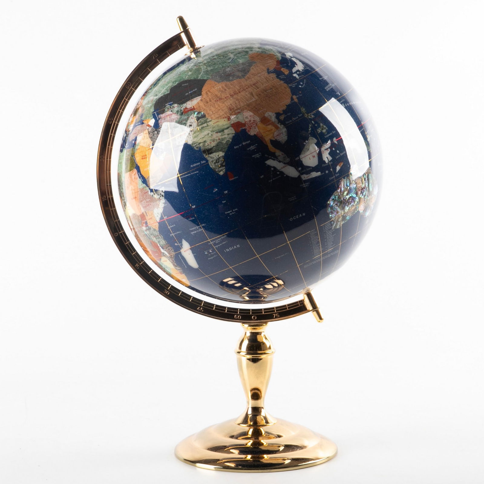 Inlaid mineral globe on brass stand (1 of 3)