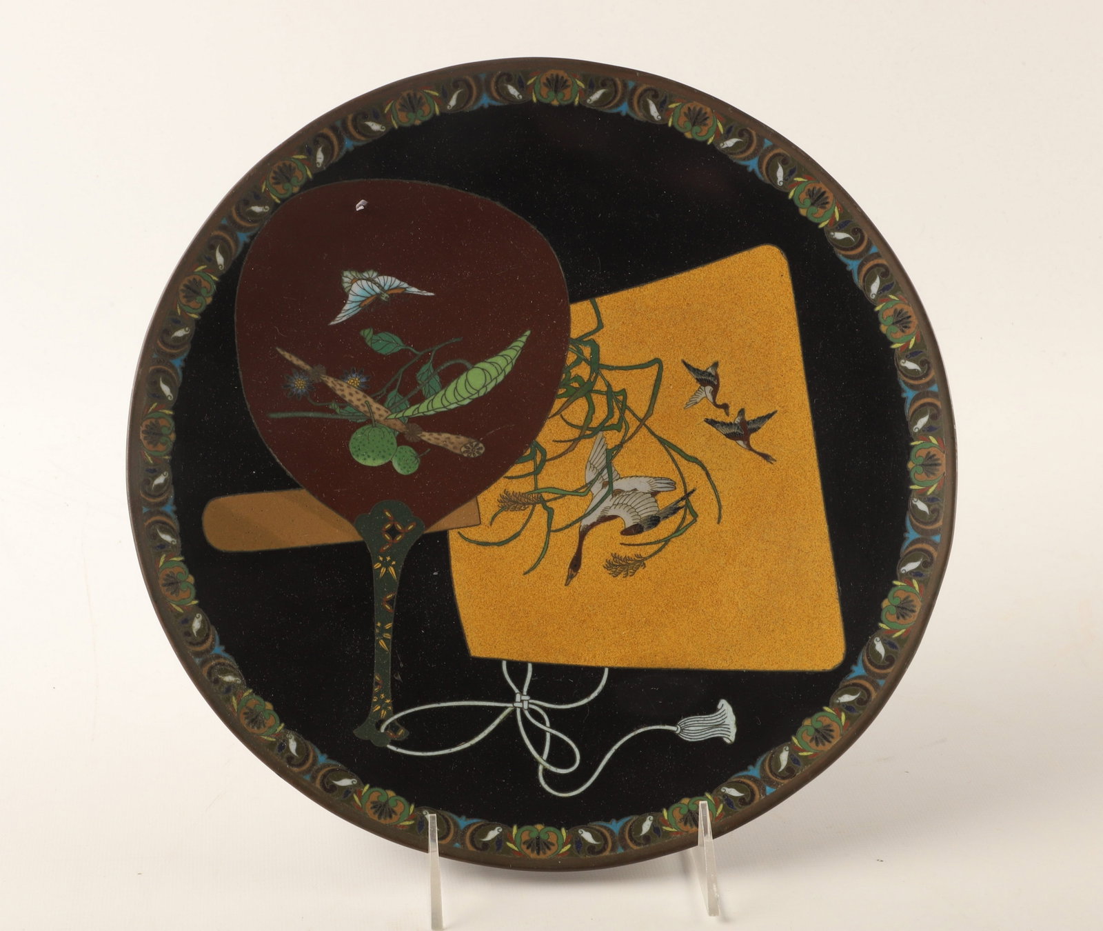 Japanese cloisonne charger: Japanese cloisonne charger, crane butterfly decoration, 12" dia, old repairs