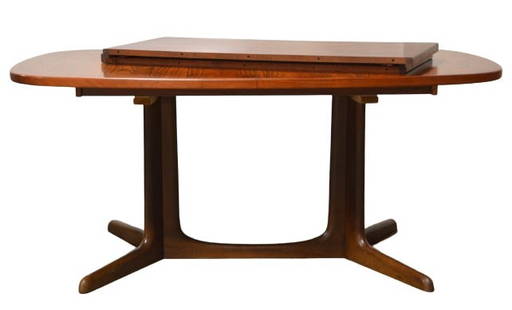 Danish modern rosewood dining table: Gudme Mobelfabrik A/S, Danish modern rosewood dining table, double pedestal base with bottom stretcher, 28 1/2"H x 42"W x 64"L, (2) leaves, 19 1/4" W