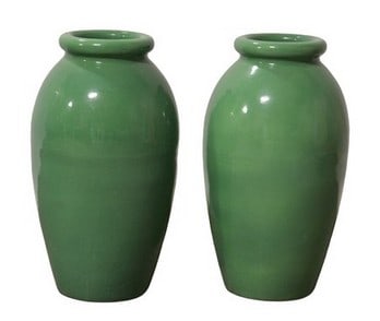 Pair of York urns: Pair of York urns, green glaze, arts and crafts style in the manner of Galloway, 28"H x 16"Dia