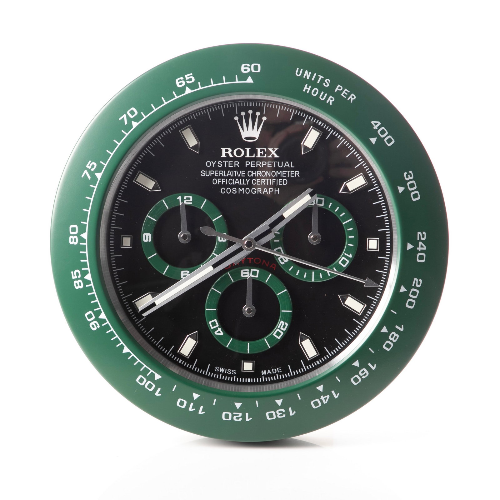 Watch dealer display Rolex wall clock, JM Daytona: Watch dealer display Rolex wall clock, JM Daytona, quartz movement, 13 1/2" dia, running at time of testing
