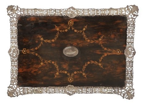 Inlaid wood tray with sterling rim (1 of 8)