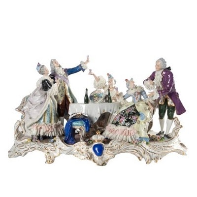 Sitzendorf Germany porcelain figural grouping: German porcelain figural grouping, Sitzendorf mark to base, classical men & women toasting with wine, 19-3/4" w x 11-3/4" d x 11" h, losses to lace on most