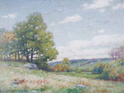 John Raught Pennsylvania Landscape Painting: John Raught (American 1857-1931) PA artist, Pennsylvania landscape painting, oil on canvas, signed "John Willard Raught 1928", 18" x 24", framed 27-3/4" x 33-3/4", good condition, areas of subtle age