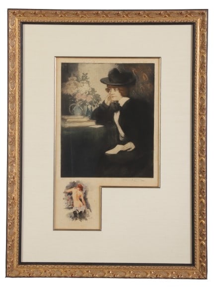 Manuel Robbe Etching with Watercolor Remarque: Manuel Robbe (French, 1872-1936) etching with watercolor remarque "Claudine", color etching and aquatint, hand painted remarque painting of a female nude, pencil signed "Manuel Robbe", remarque monogr