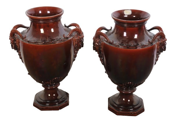 Pair of large beast adorned porcelain urns: Pair of large beast adorned porcelain urns, horned beast handles, acanthus leaf adornments above pedestal base, 32"H x 23"Dia., small chip to one at top of bowl, glaze loss to top of outside rim on to