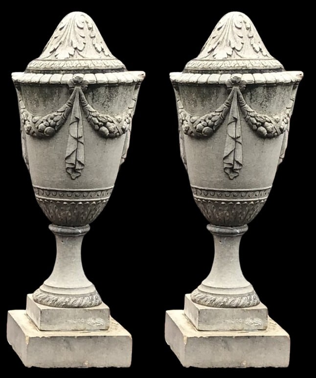 Pair of (2) piece cement garden urns (1 of 13)