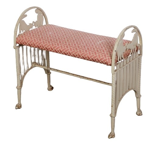 Cream painted upholstered bench w/ cat decoration (1 of 4)