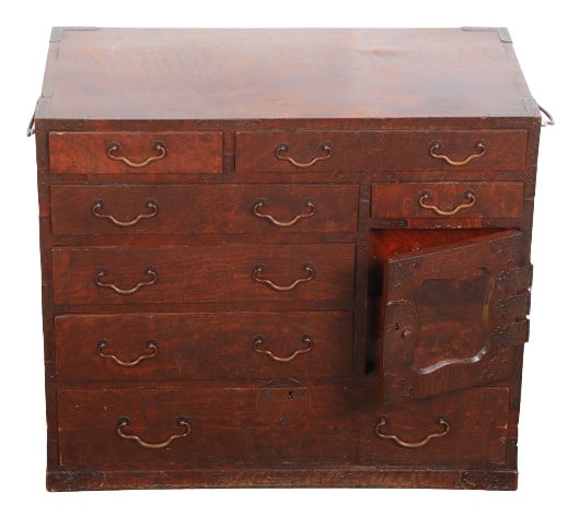 Chinese elmwood tansu: Chinese elmwood tansu, doors and drawers, metal handles, 20-1/2"h x 24"w x 13"d