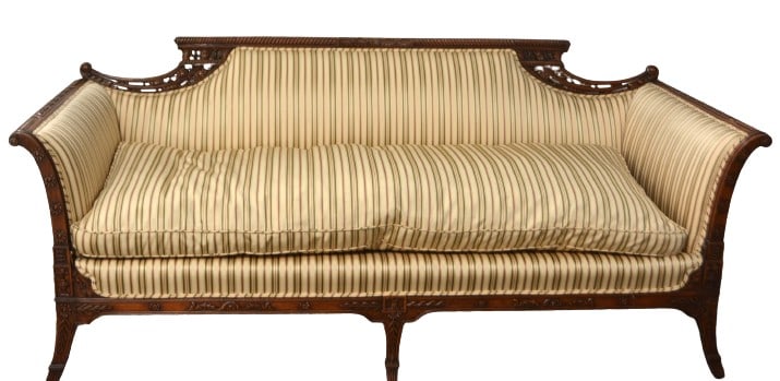 Finely carved wood framed striped upholstered sofa (1 of 6)