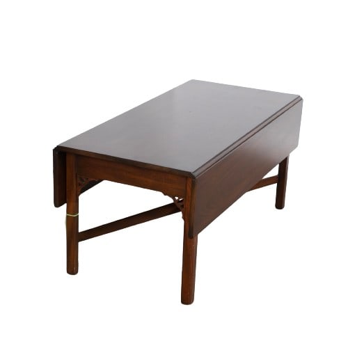 Kittinger Mahogany dropleaf cocktail table: Mahogany dropleaf cocktail table, cross stretcher base, Chippendale style leg, 19"H x 20"W (closed), 35"W (open), 42"L, table marked Kittinger Buffalo, serial #95 WA1035E, scratch on top, scratches o