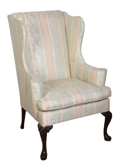 Hickory chair Queen Anne style wing chair: Hickory chair Queen Anne style wing chair, faded seafoam and mauve banded upholstery with neutral floral designs, beautiful shell carved Cabriole legs, spoon foot, 43"H x 25"W x 32"D