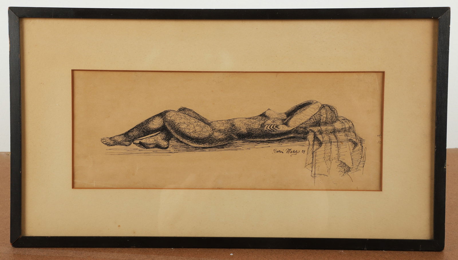 Boris Margo Drawing "Reclining Nude": Boris Margo (Ukrainian, 1902-1995) drawing "Reclining Nude", ink on paper, signed "Boris Margo '29", 5-5/8" x 14-7/8" sight, framed 11-1/2" x 20-3/4", good condition, Not inspected out of frame, paper