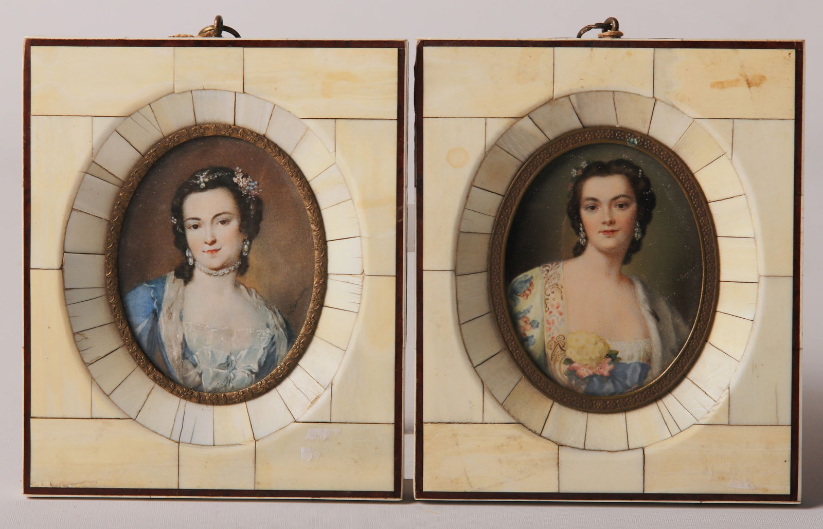 (2) Miniature Portraits after Rosalba Carriera: (2) Miniature Portraits after Rosalba Carriera, depicting 18th C famed ballerina Barbara Campanini, "La Barbarina" , in nearly matched bone inlaid frames, 5 3/4"H x 4 3/4" W