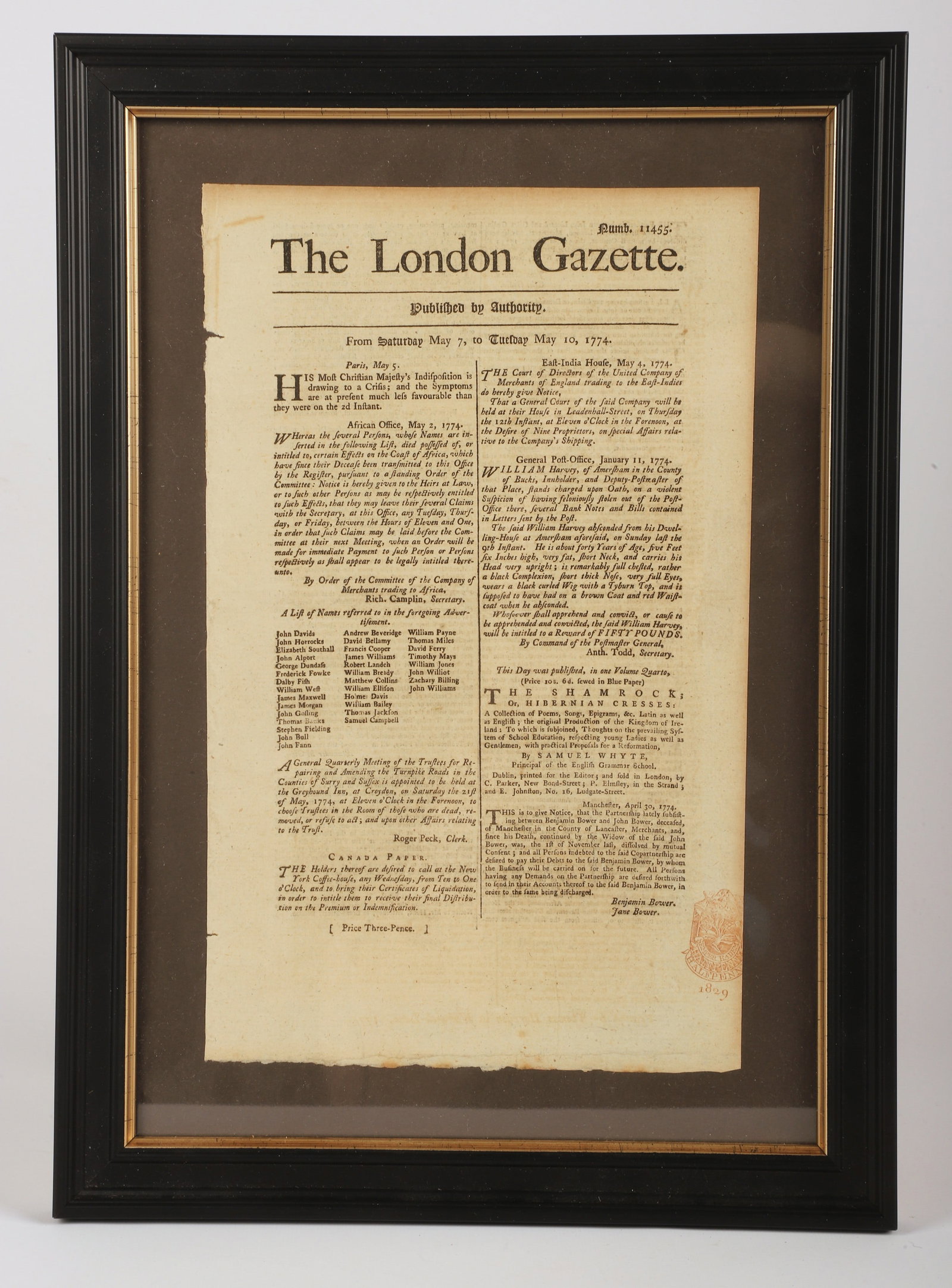 A framed 1774 issue of The London Gazette: A framed disbound issue of The London Gazette for May 7th to May 10th, 1774, with news items of the British East India Company and the slave-trading company The Company of Merchants Trading to Africa 