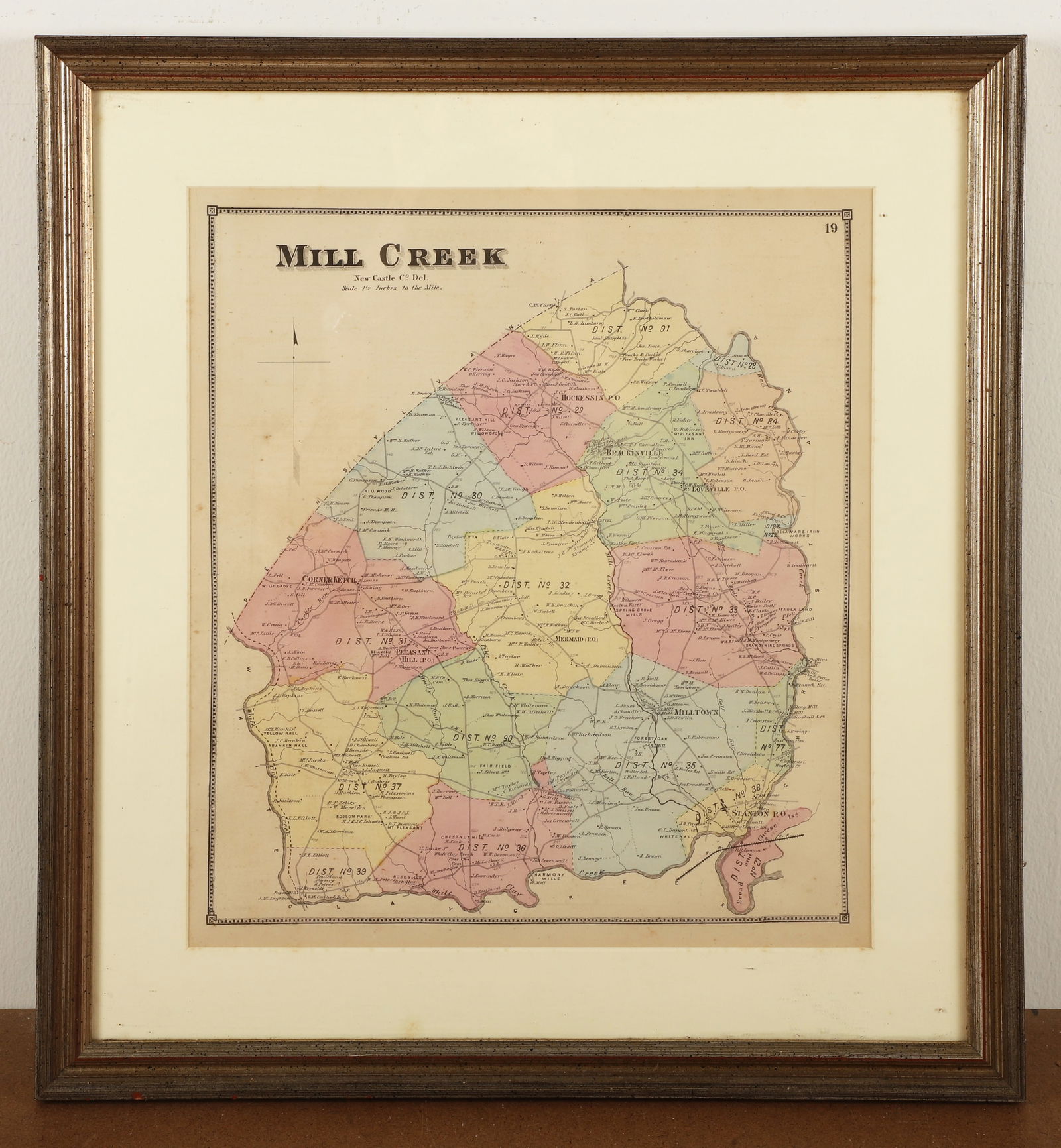 A framed H/C 1868 map of Mill Creek, Delaware (1 of 3)