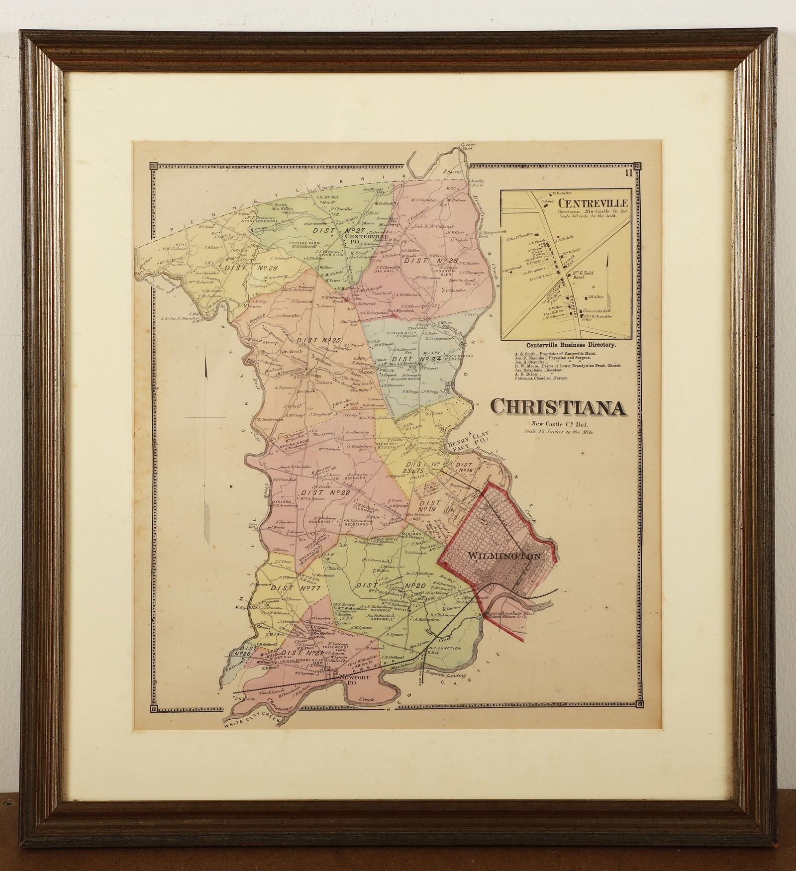 A framed H/C 1868 map of Christiana, Delaware (1 of 3)
