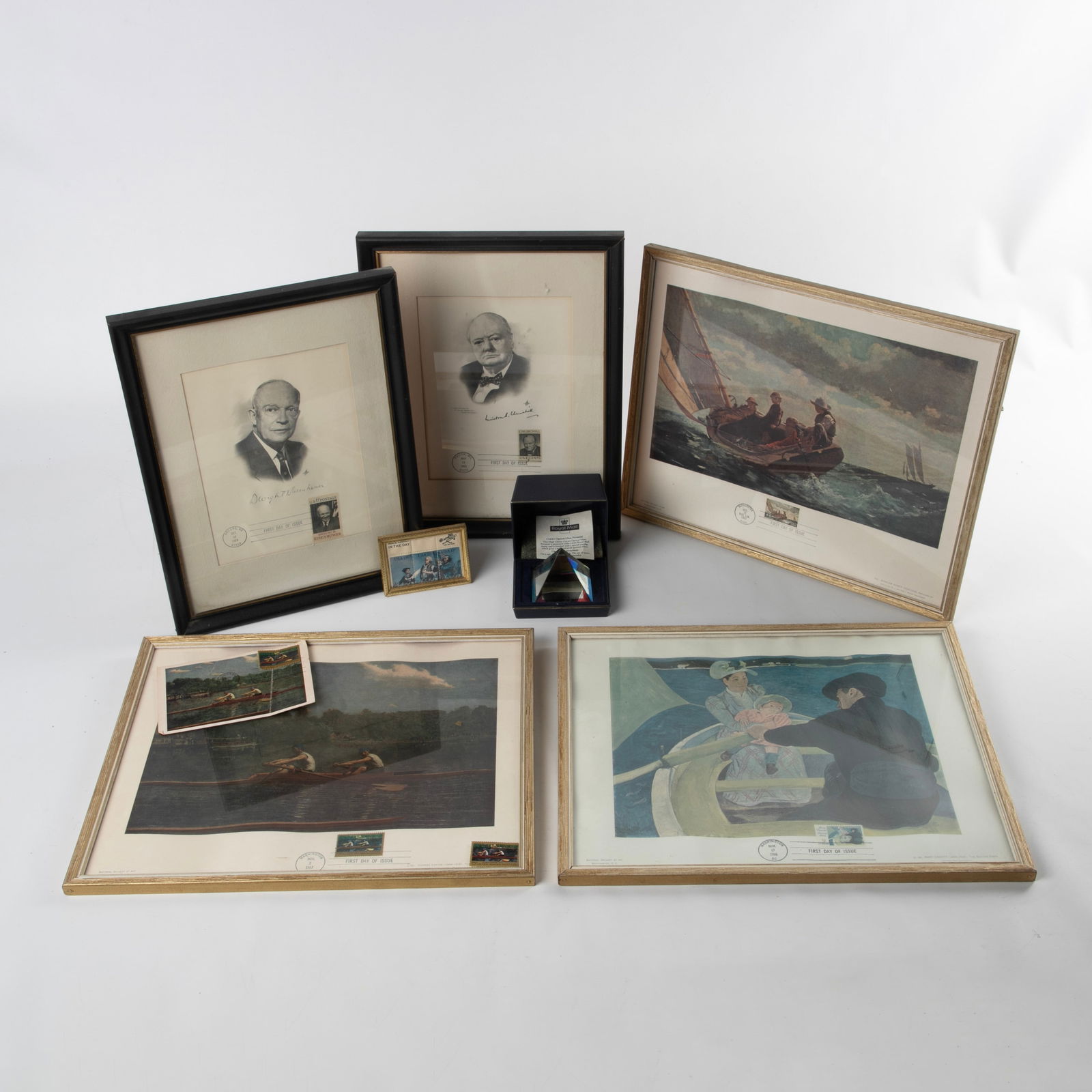 Lot of stamp items: Lot of stamp items, including (5) First Day of Issue framed print & stamp (1962 Winslow Homer "Breezing Up", 1965 Winston Churchill, 1966 "Mary Cassatt "The Boating Party", "1967 F"Thomas Eakins The B