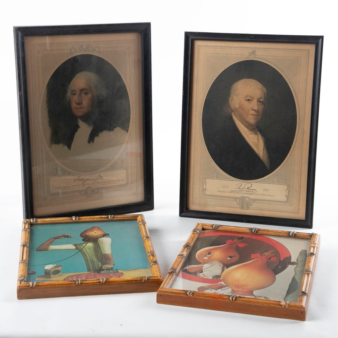 (4) Decorative prints: (4) Decorative prints to include George Washington portrait, Gilbert Stuart, Paul Revere, Gilbert Stuart and (2) Mid Century comical prints.