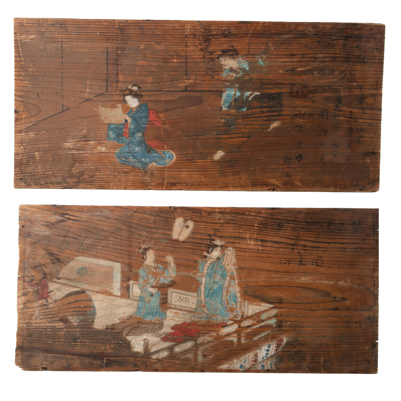 Pair of Japanese paintings on wood: Pair of Japanese paintings on wood, domestic scenes with calligraphy, 16-7/8" x 35-1/2" paint loss due to age