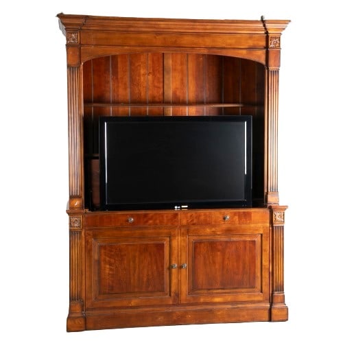 2-pc Ethan Allen Contemporary entertainment unit: 2-pc Ethan Allen Contemporary entertainment wall unit, top with open shelf unit flanked by reeded columns, video lift base with 46" LG flatscreen television over 2 faux drawers and 2 faux paneled door