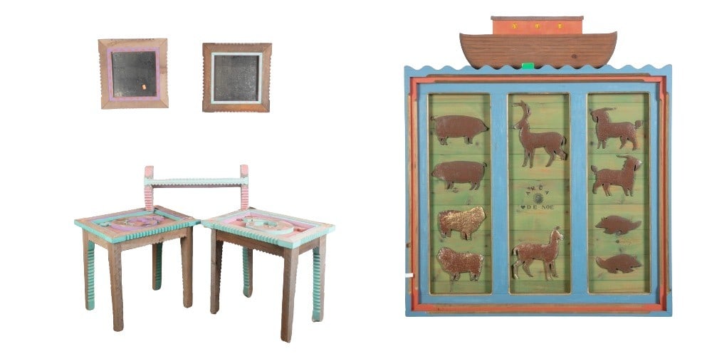 Lot of Pozzi Franzetti style furniture: to include Rosemary PozzI Franzetti style Noah's Ark, 10 metal animals in wood frame, Arca De Noe, 41"H x 36"W x 4"D and (5) piece lot Rosemary PozzI Franzetti style furniture, (2) side tables with st