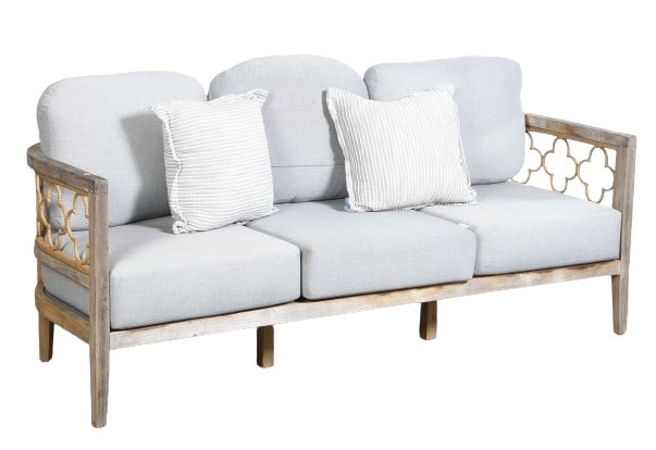 Martha Stewart outdoor sofa: Martha Stewart outdoor sofa, teak with rattan decorated floral panels, grey cushions, 27-1/2"h x 75"w x 30"d, some sun fading to teak