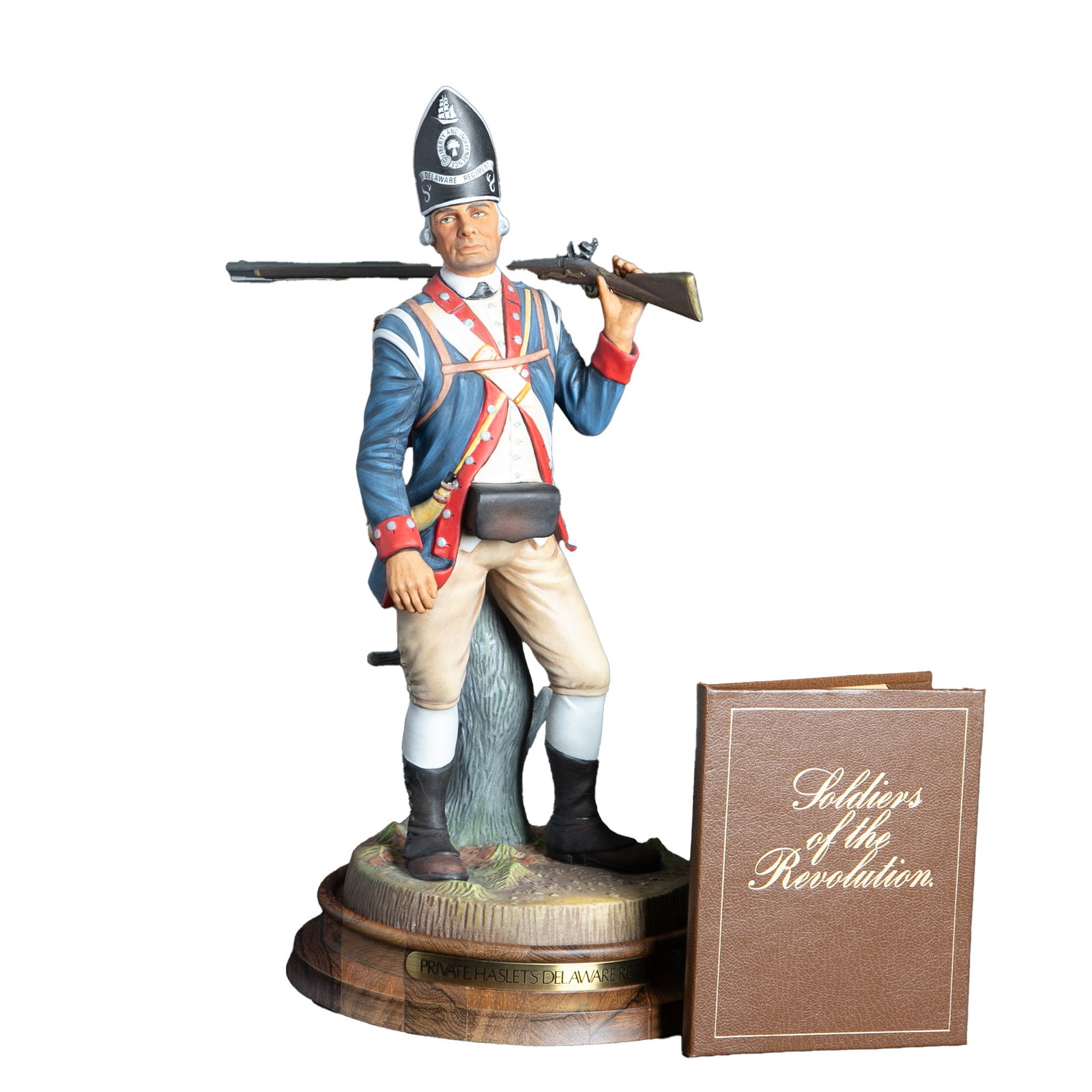 Royal Doulton Private, DE Regiment, 1776: Royal Doulton Private, DE Regiment, 1776, Soldier of the Revolution, no. 187/350, HN 2761, on felted wood base with brass name plate, 11"H not including stand. Commissioned by the Colonial Williamsbur