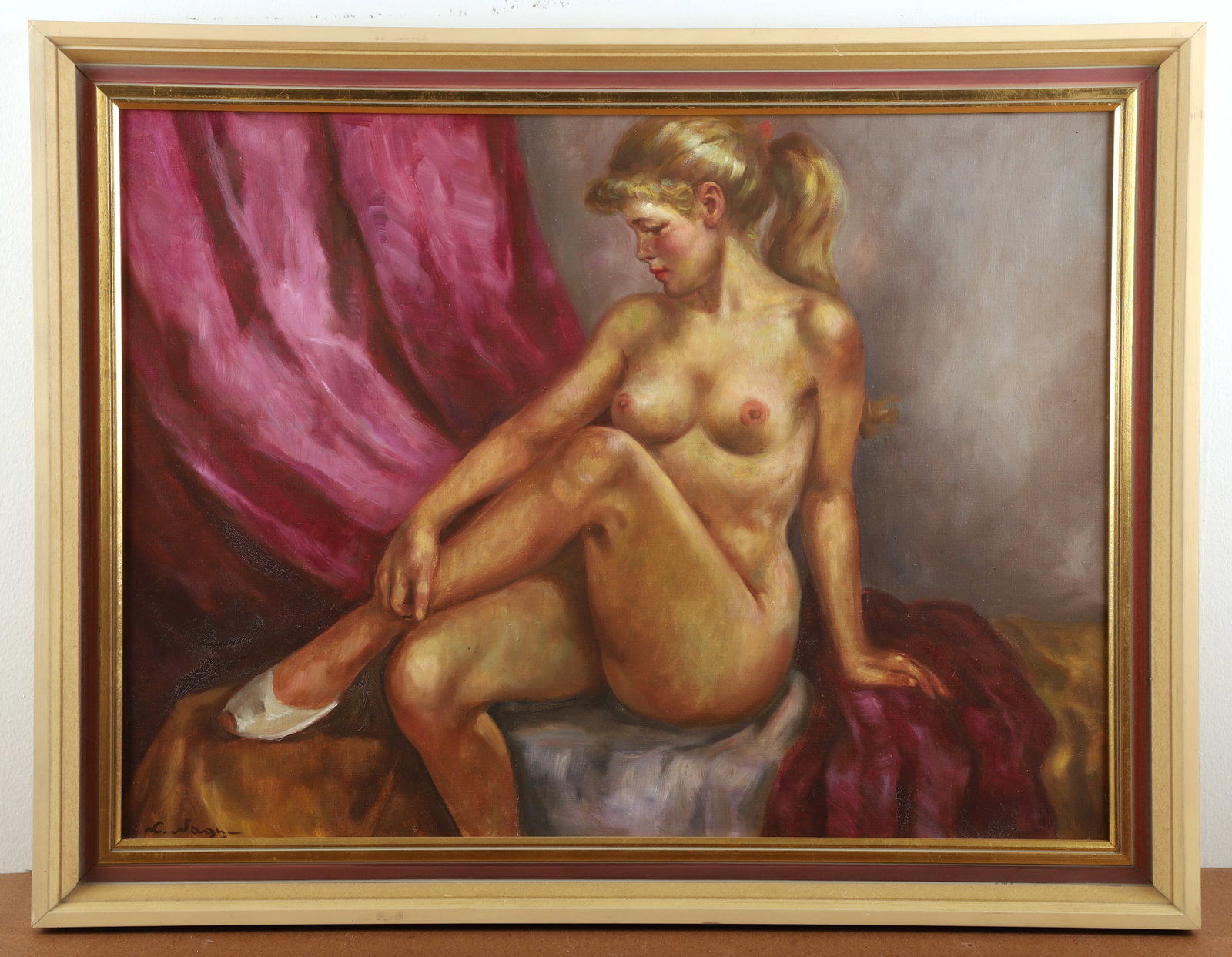1960s Modernist Painting of a Nude: 1960s Modernist painting of a nude depicting a young blonde haired woman, oil on canvas, illegibly signed "C. Nagy(?)", 23" x 31", framed 27-1/4" x 35-1/4", very good condition