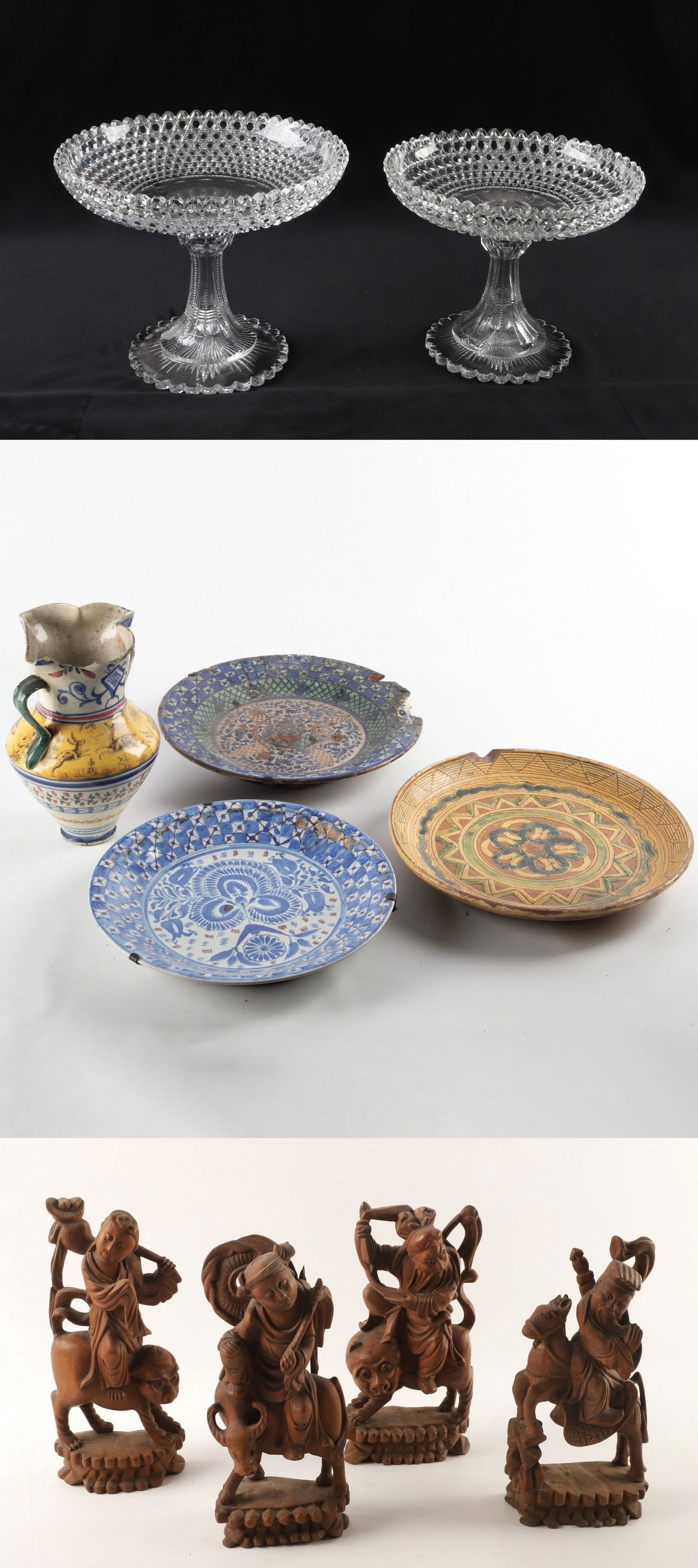 Lot of Miscellaneous Items: Lot of miscellaneous items to include, (2) Cut crystal footed compotes, 7 1/2"H x 9" dia and 8"H, 10" dia, (4) Pottery plates and jug to include a Moroccan redware bowl, 12 1/2" and (2) blue decorated