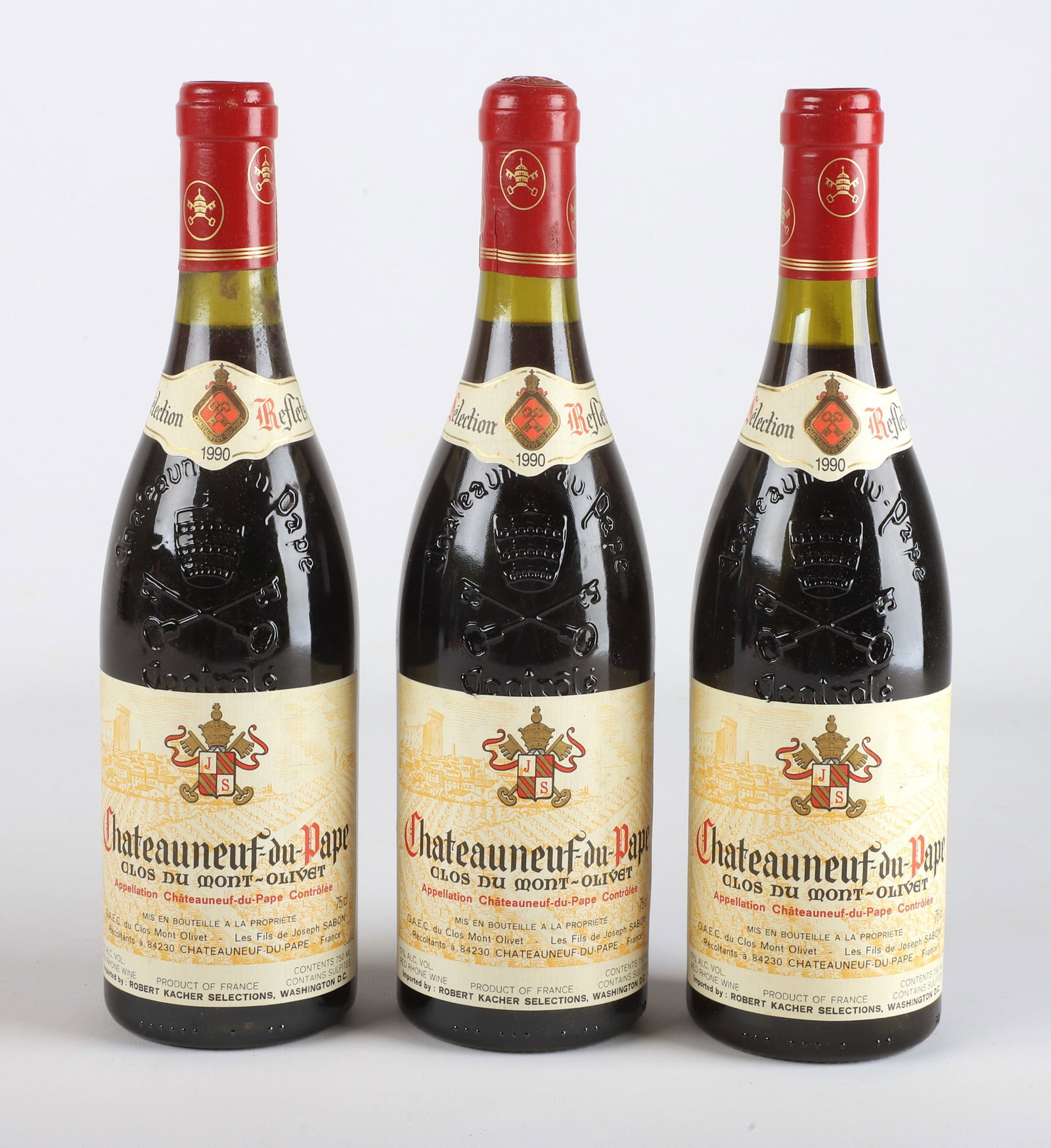 (4) Bottles of 1990 Chateauneuf-du-Pape wine: (3) Bottles of wine, Vintage 1990 Chateauneuf-du-Pape Clos du Mont-Olivet, unopened, 750 ml