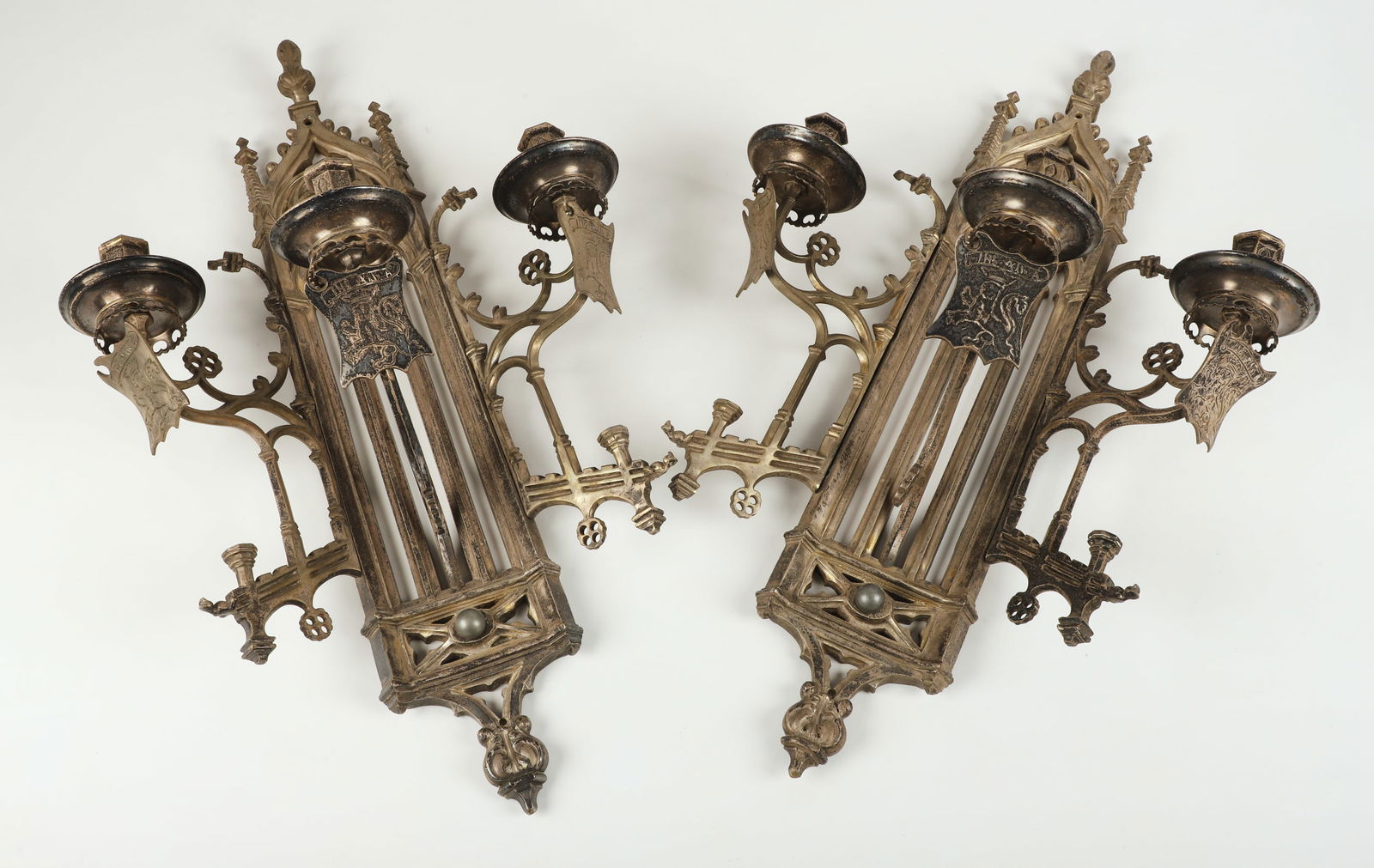 Gothic Revival Silvered Metal Wall Sconce Pair (1 of 8)