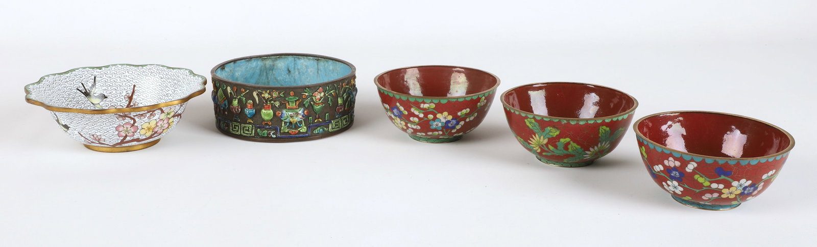 (5) Pieces of Chinese cloisonne & enamel: (5) Pieces of Chinese cloisonne & enamel, including (3) cloisonne bowls marked "China" on base (4-5/8" dia x 2-1/8" h), unmarked cloisonne scalloped rim bowl with bird and tree (6-1/8" dia x 2" h), en