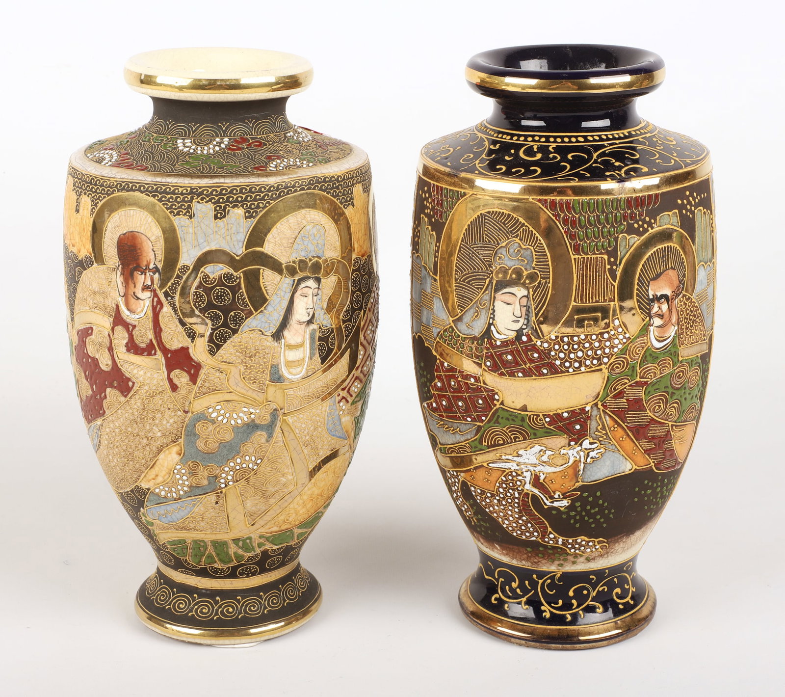 (2) Japanese Satsuma vases: (2) Japanese Satsuma vases, drilled for table lamps, partial mark to base, 12-1/4" h