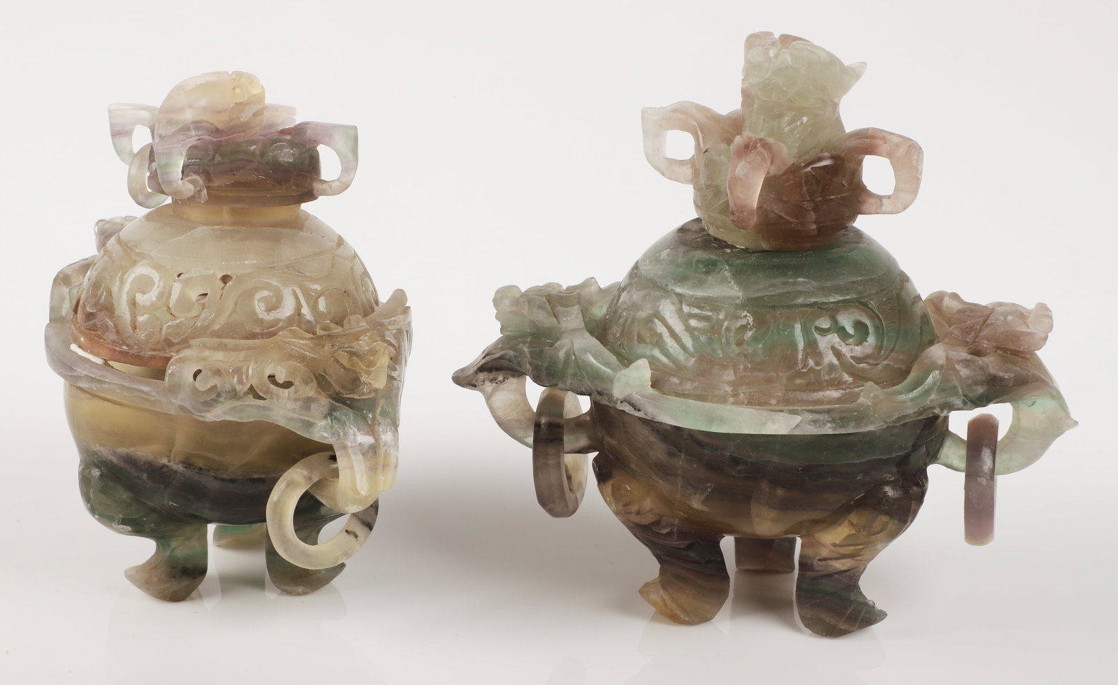 (2) Jade quartz covered censers: (2) Jade quartz covered censers, elephant head & ring handles, tallest 6" h, losses to each lid