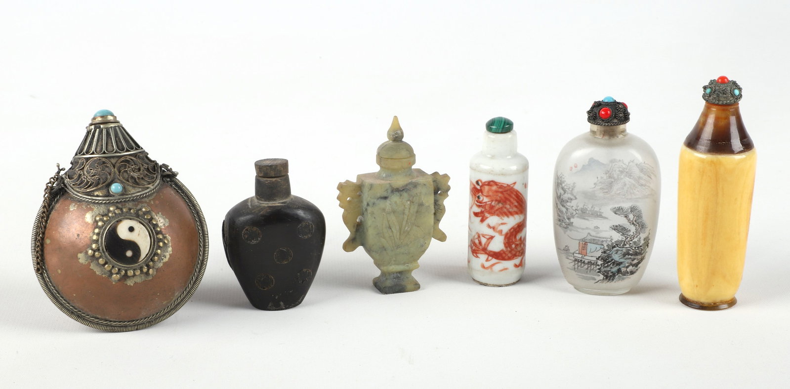 (6) Chinese & Asian snuff bottles: (6) Chinese & Asian snuff bottles, each with stopper & spoon, including porcelain with koi fish (2-3/4" h, chips to base), bone & horn with jeweled lid (3-3/4" h), urn form stone (3" h), reverse paint