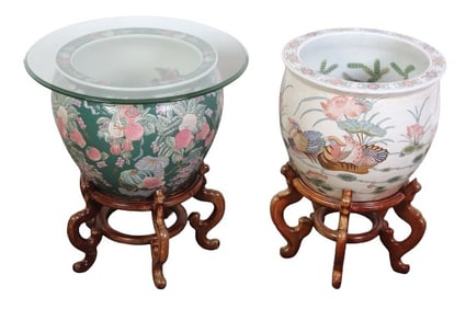 Lot of (2) fishbowls on wood stands
