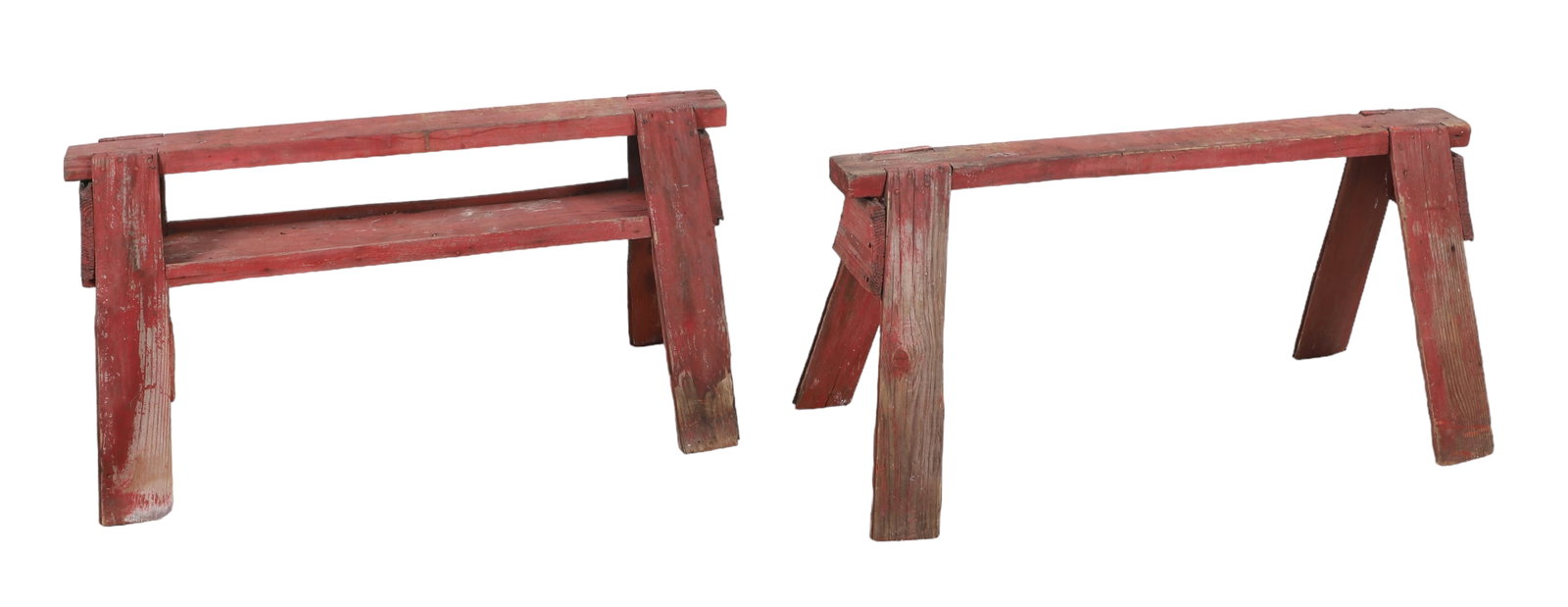 Pair red painted sawhorse bases: Pair red painted sawhorse bases, nailed construction, 23"h x 41-1/4"w x 11"d, wear to paint